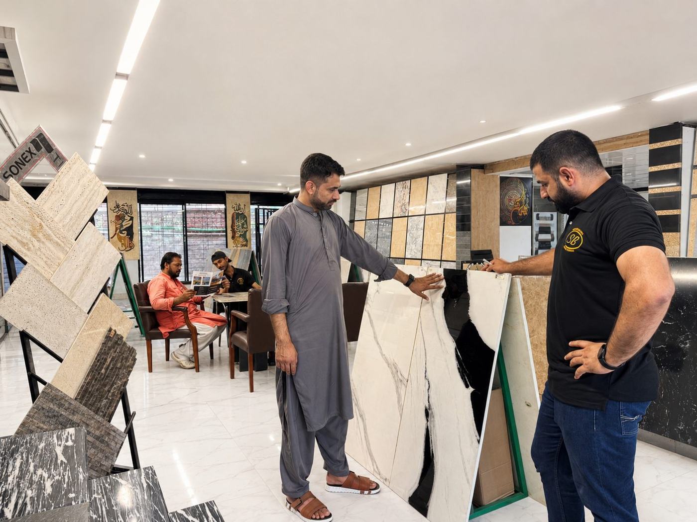 A client examining a bookmatched Panda White slab with a Saqib Brothers consultant