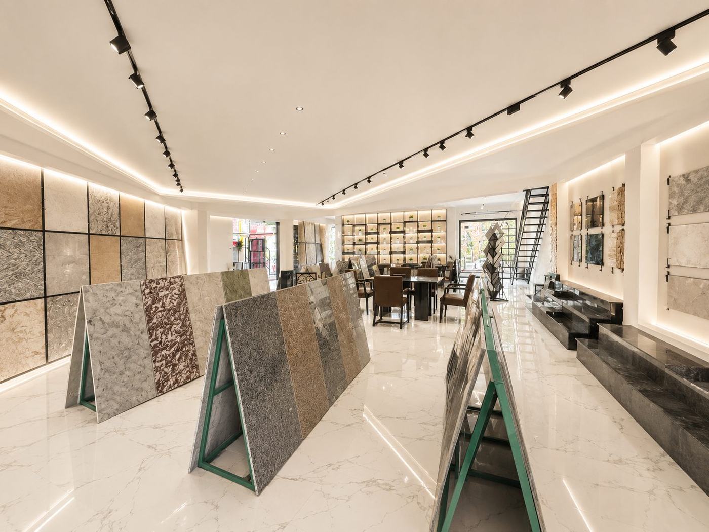 Marble sample displays inside the Saqib Brothers gallery