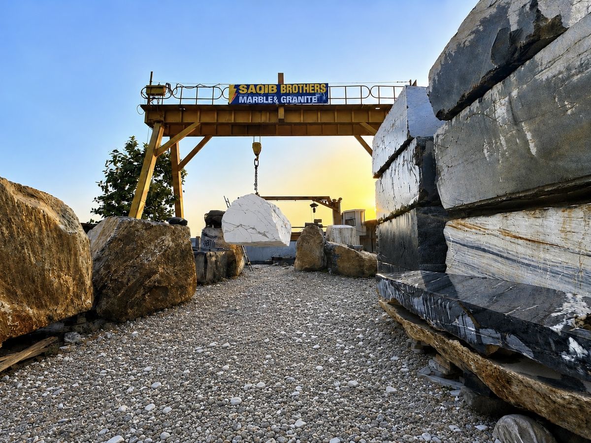 Saqib Brothers block yard at sunset — gantry crane lifting a white marble block between rows of imported blocks, Lahore