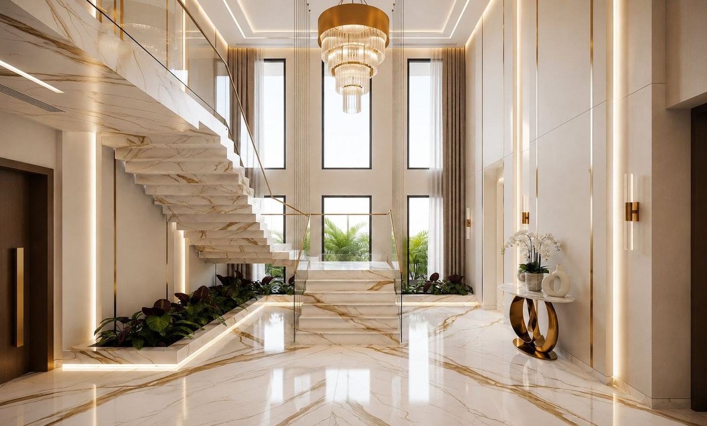 Book-matched marble hall by Saqib Brothers, Lahore